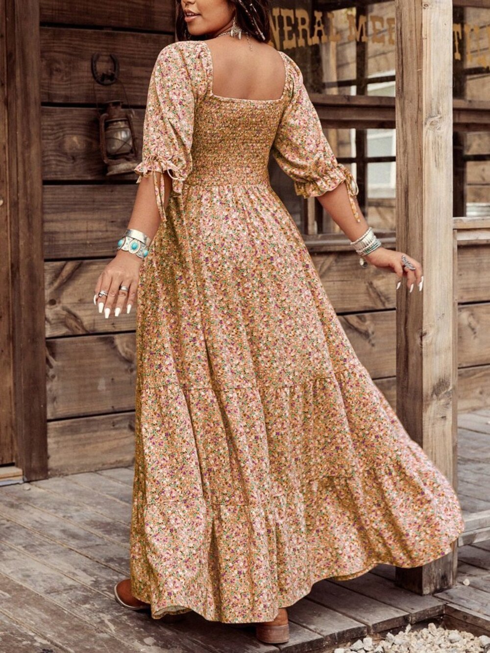 Boho Women's Plus Size Square Neck short sleeve Floral Maxi Dress - Picture 2 of 5